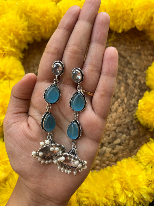 Blue stone oxidized drop earrings