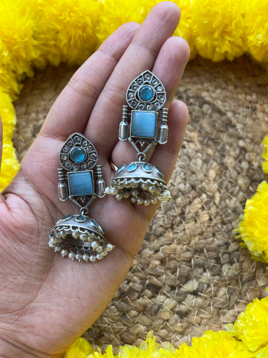 Blue stone oxidized statement jhumka